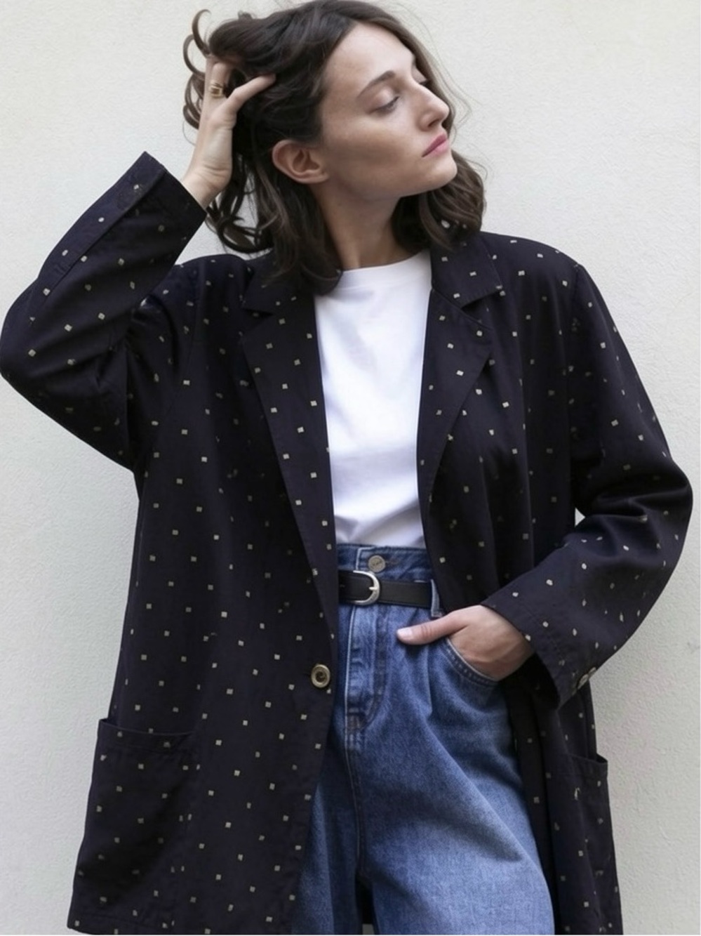 VTG 90s Slouchy Black Gold Metallic Blazer Lightweight Layering Oversized 80s